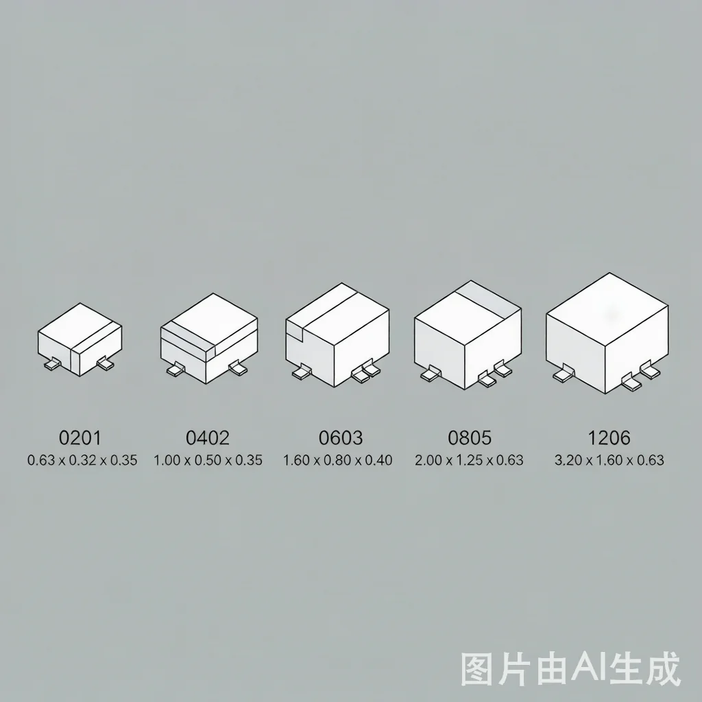 MLCC package size diagram showing 0201 0402 0603 0805 1206 dimensions