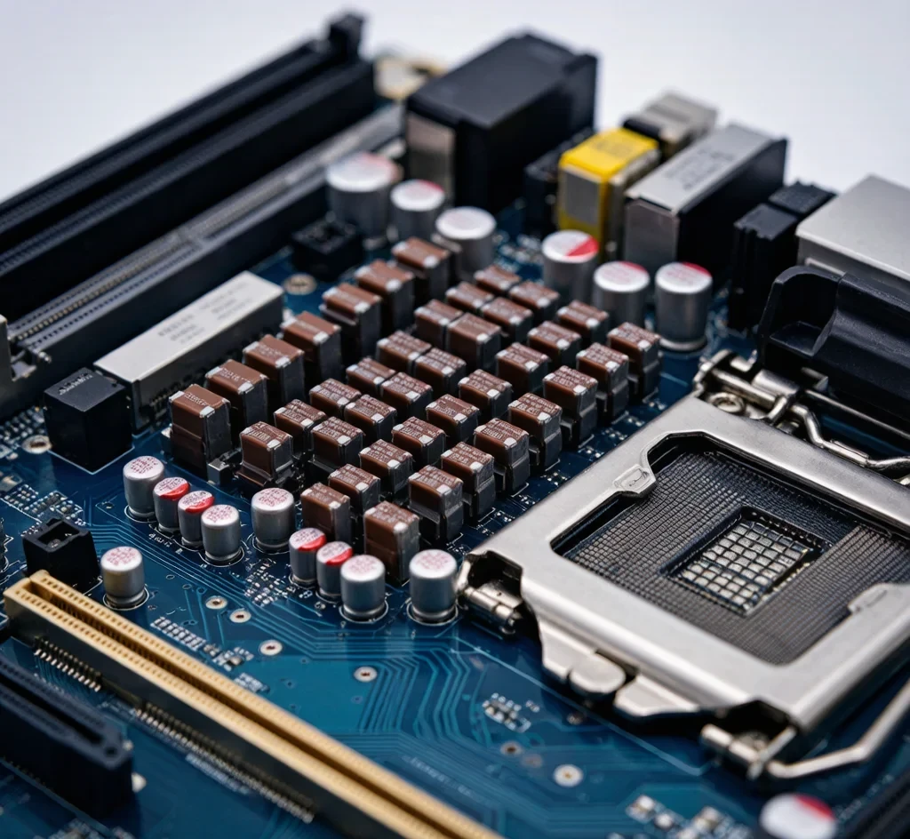 MLCC capacitors mounted on AI server motherboard for GPU and ASIC power rail decoupling