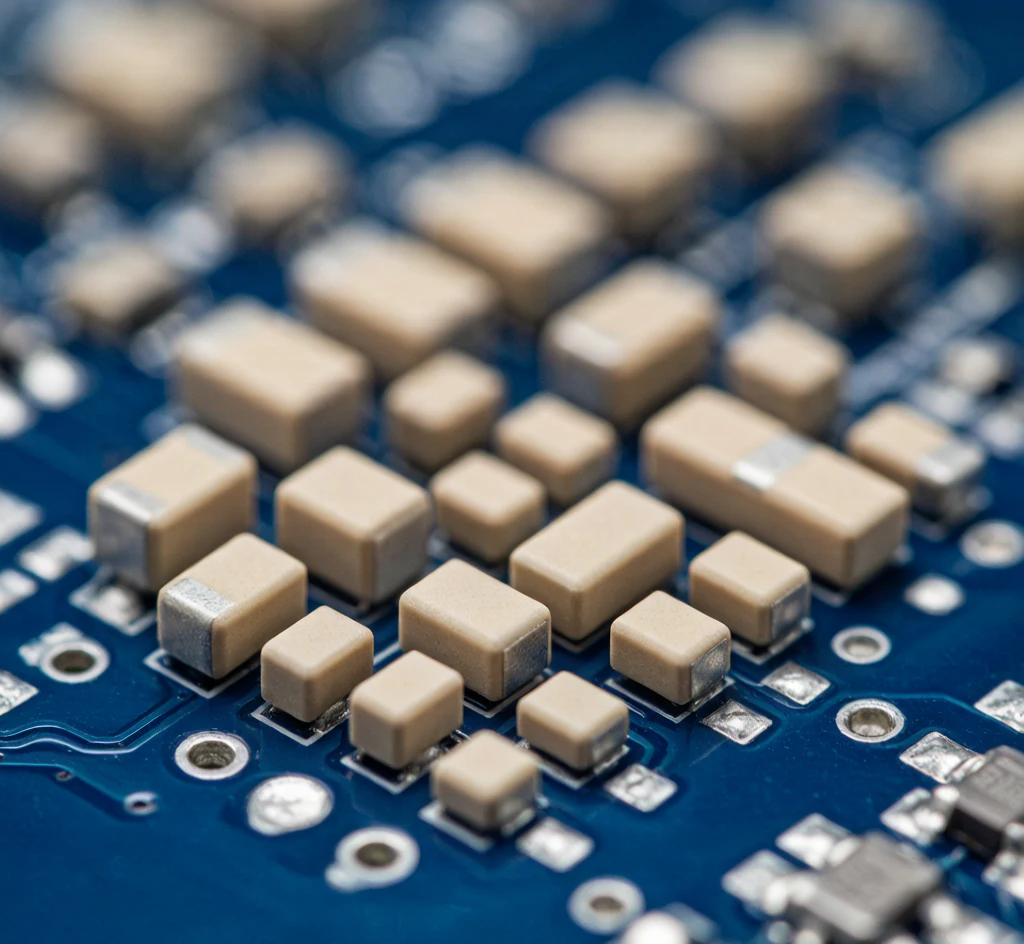 SMD MLCC chip capacitors on PCB — surface mount multilayer ceramic capacitor