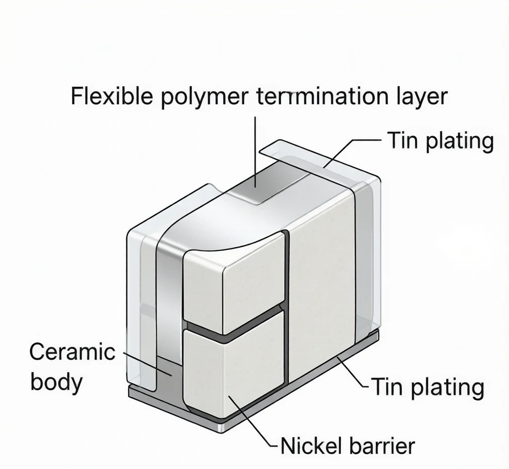 MLCC soft termination structure diagram for flex crack resistance in automotive applications