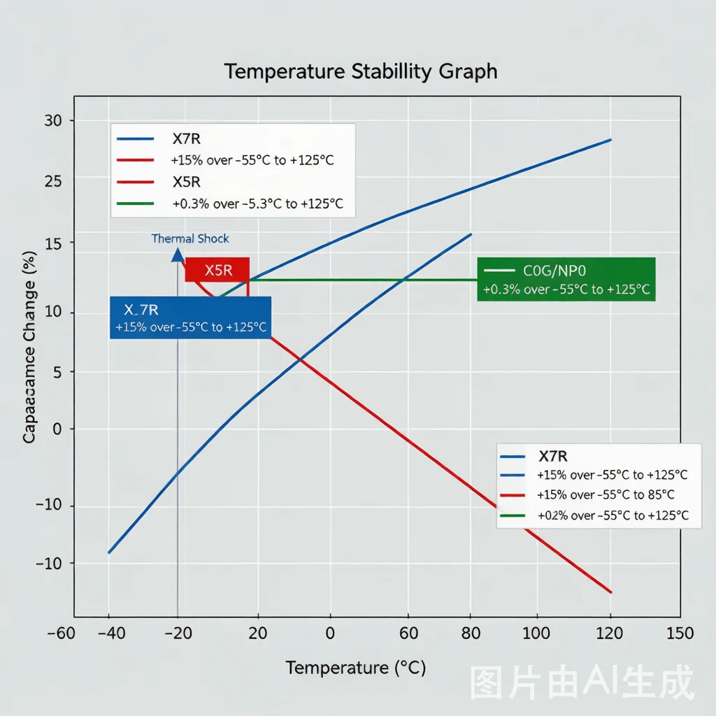 Comparison chart of X7R X5R and C0G dielectric temperature stability characteristics